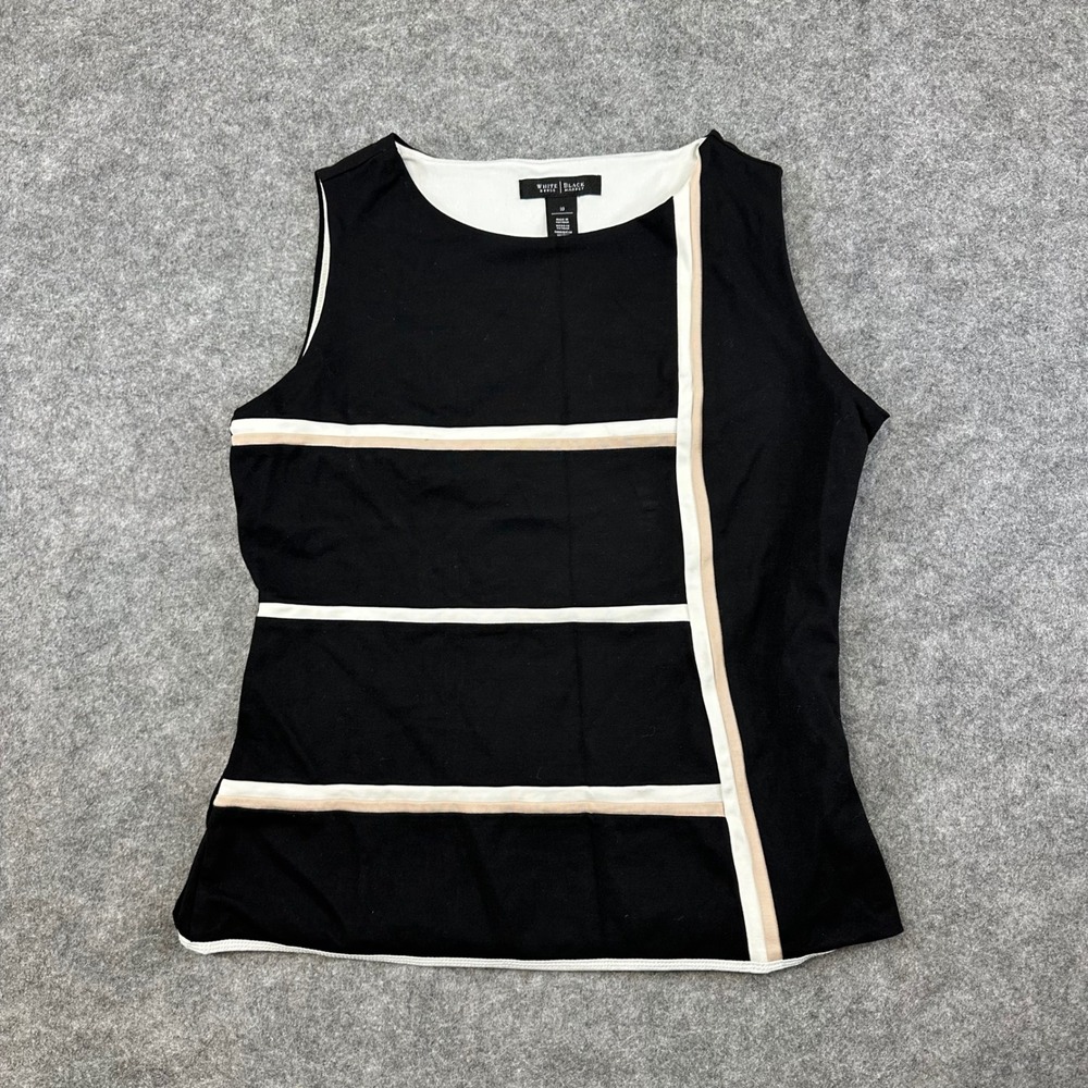 White House Black Market Tank Womens 10 Blk Stripe Sleeveless Shell Side Zip Top